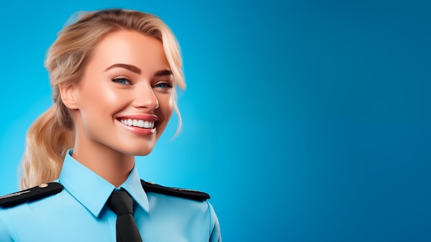 Porträt einer lächelnden Flugbegleiterin auf blauem Hintergrund
