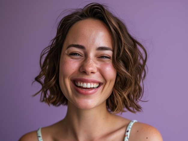 Porträt einer lächelnden Frau auf lila Hintergrund