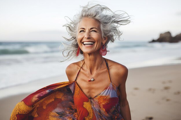 Porträt einer lächelnden Frau, die in eine Decke auf dem Strand gewickelt ist