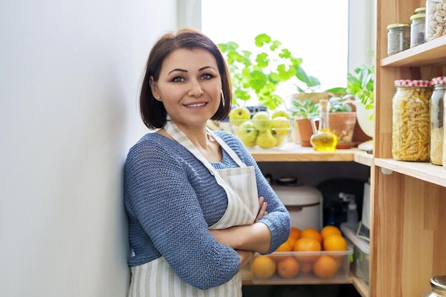 Porträt einer lächelnden Frau in einer Schürze in der Küche in der Speisekammer