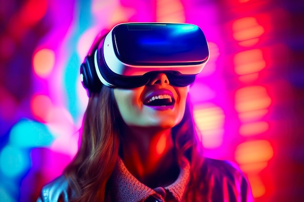 Porträt einer lächelnden Frau in Freizeitkleidung, die eine Virtual-Reality-Brille trägt und Neo-Licht spielt, verschwommener Neo-Farbhintergrund AI Generative