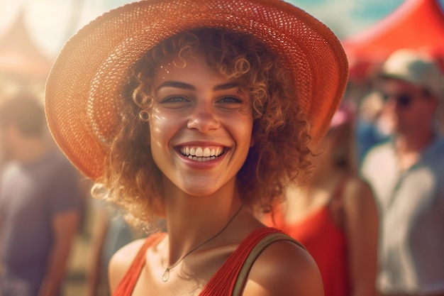 Porträt einer lächelnden, fröhlichen, jungen, schönen Frau auf einer Sommerfeier