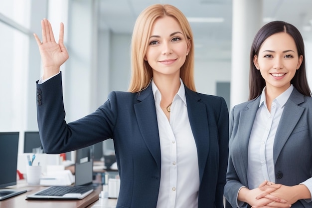 Porträt einer lächelnden Geschäftsfrau, die mit gekreuzten Händen im Büro vor dem Hintergrund ihrer Kollegen steht