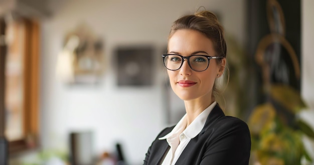 Porträt einer lächelnden Geschäftsfrau mit Brille, die im Büro steht