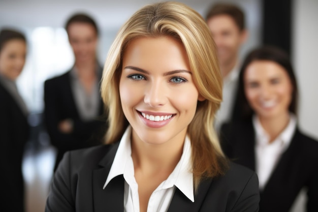 Porträt einer lächelnden Geschäftsfrau mit ihren Kollegen im Hintergrund, erstellt mit generativer KI