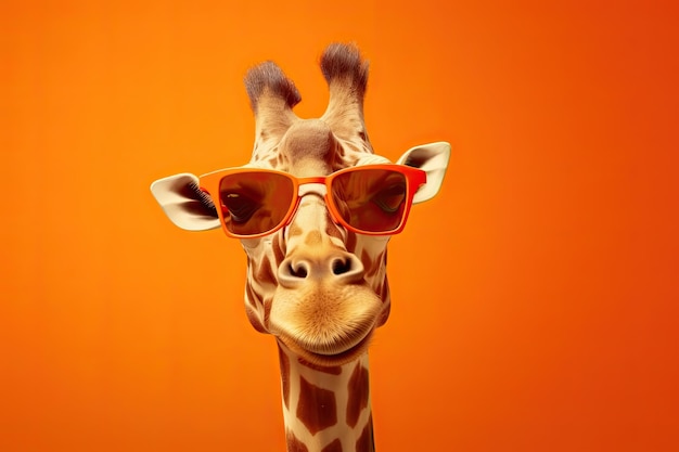 Porträt einer lächelnden Giraffe mit Sonnenbrille in einem orangefarbenen Hintergrund