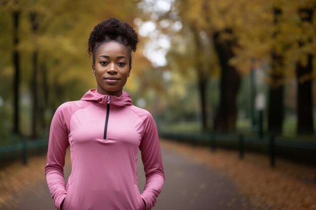 Foto porträt einer lächelnden jungen afroamerikanischen frau in sportbekleidung, die sich auf ein lustiges cardio-training in einer vorstadtumgebung vorbereitet