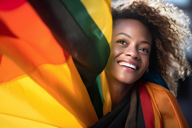 Porträt einer lächelnden jungen afroamerikanischen Frau mit einer Regenbogenflagge