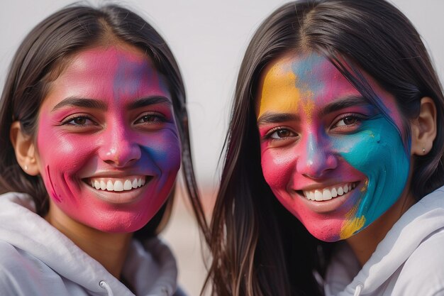 Foto porträt einer lächelnden jungen frau, die mit holi-farben bedeckt ist