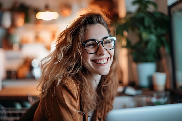 Porträt einer lächelnden jungen Frau mit Brille und Laptop im Café
