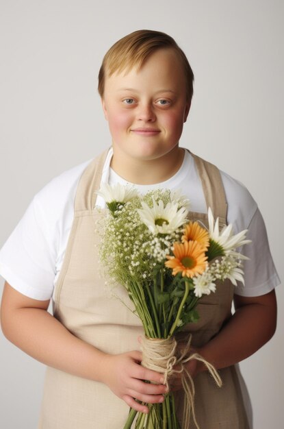 Foto porträt einer lächelnden jungen frau mit down-syndrom, die ihren traum erfüllte und eine professionelle blumenhändlerin wurde.