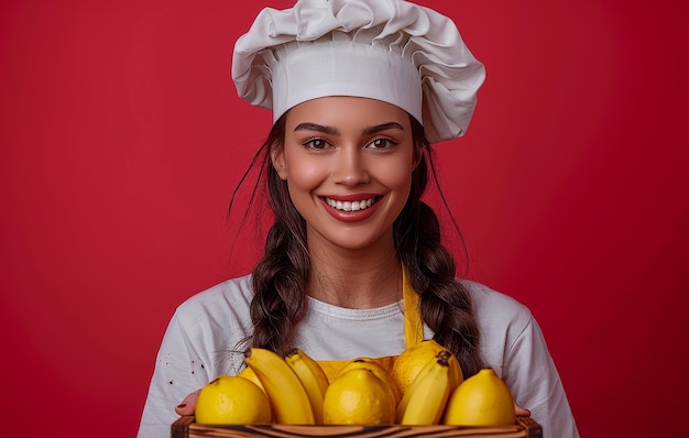 Porträt einer lächelnden jungen Kochfrau, die einen Korb mit frischen Früchten über rotem Hintergrund hält