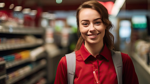 Foto porträt einer lächelnden jungen supermarktarbeiterin generative ai