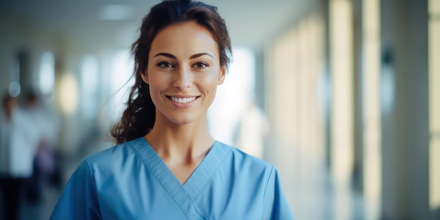 Porträt einer lächelnden Krankenschwester vor einem verschwommenen Krankenhaushintergrund