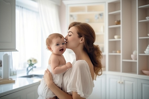 Porträt einer lächelnden, liebevollen Mutter mit einem süßen, glücklichen Baby zu Hause, erstellt mit generativer KI