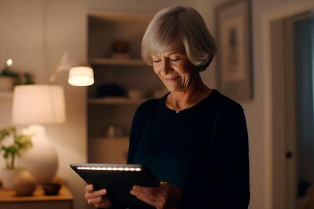 Foto porträt einer lächelnden, schönen, älteren, reifen frau mit einem tablet-computer