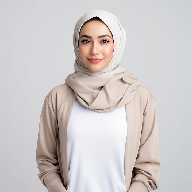 Porträt einer lächelnden, schönen asiatischen Frau in Gelegenheitshemd und Hijab