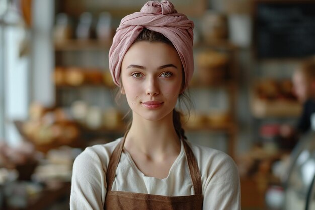 Porträt einer lächelnden weiblichen Bäckerin, die einen Korb mit gebackenem Croissant in einer Bäckerei hält