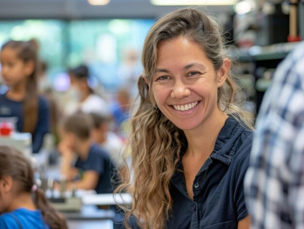 Foto porträt einer lächelnden wissenschaftlerin in einem labor