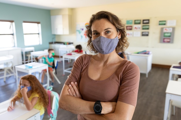 Porträt einer Lehrerin mit Gesichtsmaske, die mit verschränkten Armen im Unterricht steht