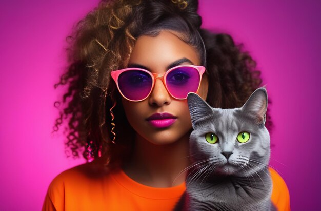 Porträt einer lockigen, dunkelhäusigen jungen Hipsterfrau in Neonbrille mit grauem Katzen-Neon-Hintergrund