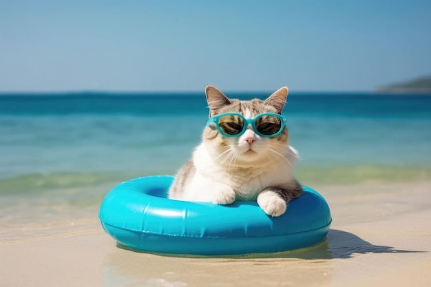 Porträt einer lustigen Katze mit Sonnenbrille auf einem blauen Schwimmer am Strand Sommerkonzept Ai generativ