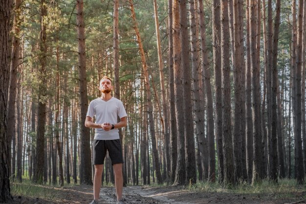 Porträt einer männlichen Person, die in einem Kiefernwald an einem sonnigen Tag steht