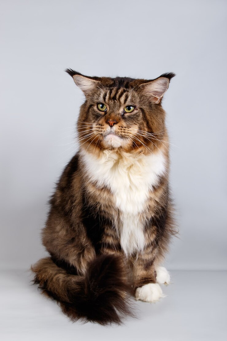 Porträt einer Maine Coon Katze auf farbiger Wand