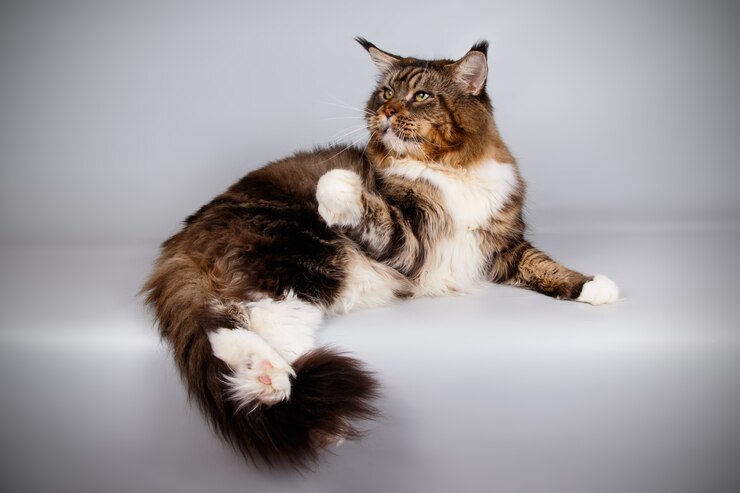 Porträt einer Maine Coon Katze auf farbiger Wand