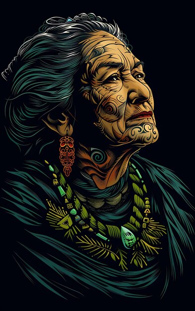 Porträt einer Maori-Frau in einem traditionellen Mantel und einem grünen T-Shirt Design Art Tattoo Ink Frames