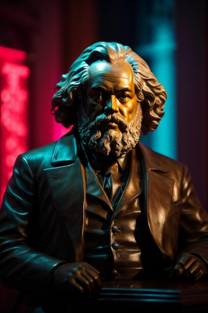 Porträt einer Marmorskulptur von Karl Marx, die von einem Neon-Hintergrund beleuchtet wird.