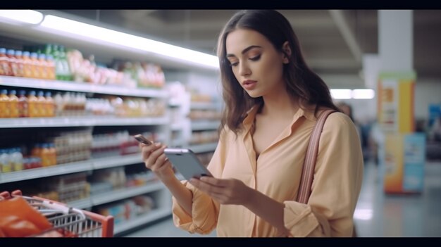 Porträt einer Millennial-Frau, die ein Smartphone hält und benutzt, um Lebensmittel zu kaufen, während sie mit einem Trolley-Wagen im Supermarkt spazieren geht