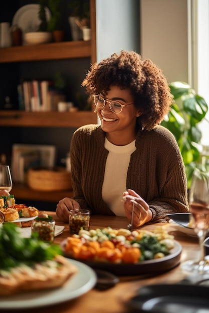Porträt einer modernen afroamerikanischen Frau, die Essen für die Familie serviert, während sie gemeinsam ein Abendessen genießen