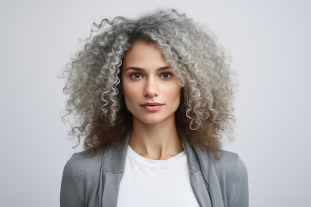 Porträt einer multikulturellen jungen Frau mit lockigem weißem Haar in einem Studio-Shoot