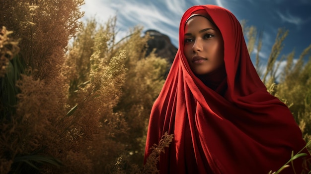 Porträt einer muslimischen Frau im roten Hijab im Freien, das von einem neuronalen Netzwerk generiert wurde