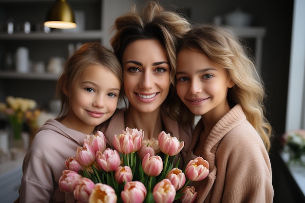 Porträt einer Mutter und zwei Töchtern zu Hause mit einem Blumenstrauß aus Tulpen