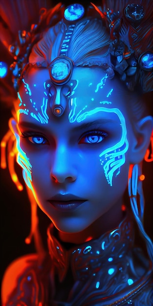 Porträt einer mystischen Fantasie-Biolumineszenz-Neonfrau Bezaubernde modische Dame