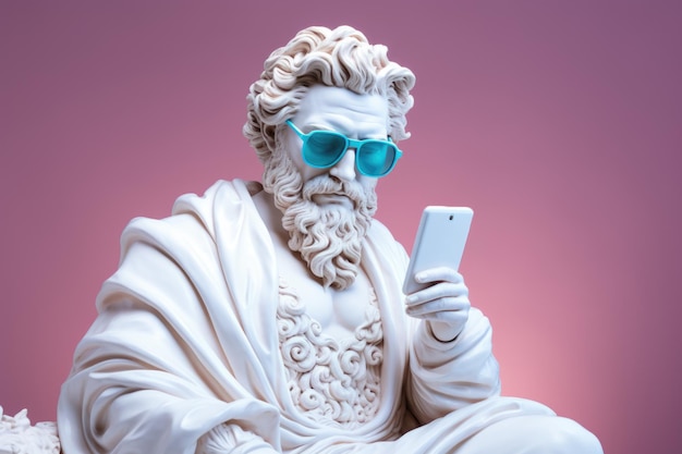 Porträt einer nachdenklichen weißen Skulptur von Zeus mit blauer Sonnenbrille und einem Smartphone in der Hand