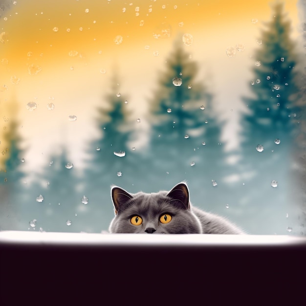 Porträt einer niedlichen britischen Katze, die von hinter dem Schwarzbrett auf dem Hintergrund einer Winterfichte ausschaut