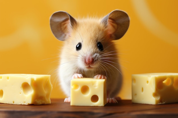 Porträt einer niedlichen kleinen Maus mit großen Ohren, die auf einem Tisch neben gelbem Käse sitzt und in die Kamera blickt