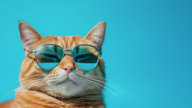 Foto porträt einer niedlichen roten katze in sonnenbrille auf blauem hintergrund