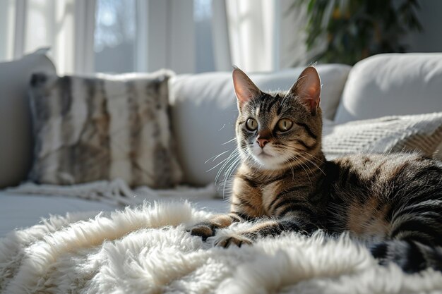 Porträt einer niedlichen Tabbie-Katze, die sich auf einem leichten, gemütlichen Sofa im Wohnzimmer ausruht