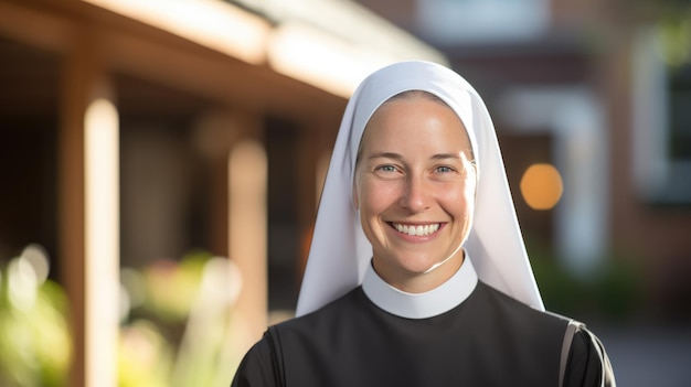 Porträt einer Nonne vor dem Hintergrund einer Kirche