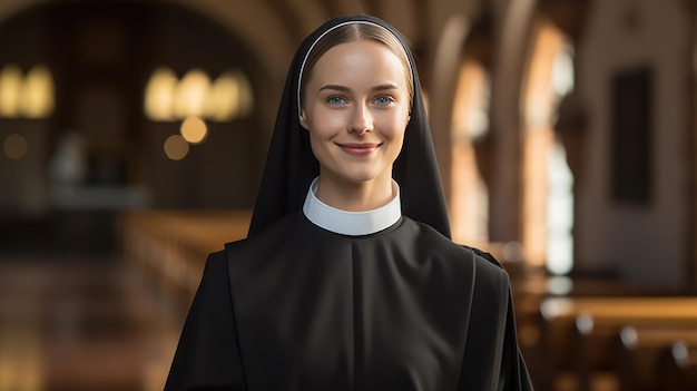 Porträt einer Nonne vor dem Hintergrund einer Kirche