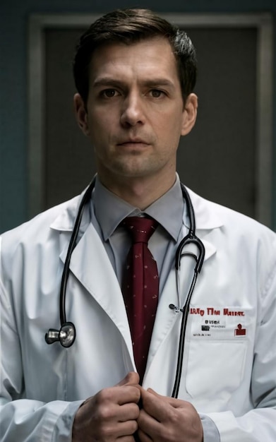 Porträt einer Person in einem weißen Mantel, vermutlich ein Arzt mit einer roten Krawatte auf einem grauen Hintergrund