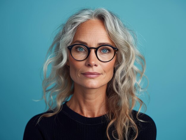 Porträt einer reifen Frau mit Brille auf blauem Hintergrund