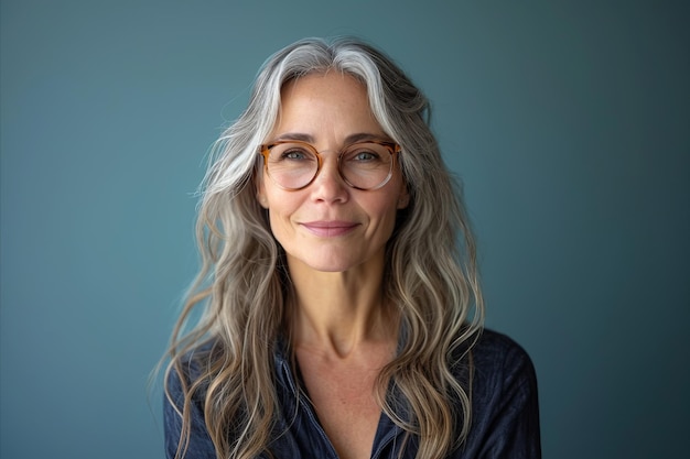 Porträt einer reifen Frau mit grauen Haaren und Brille