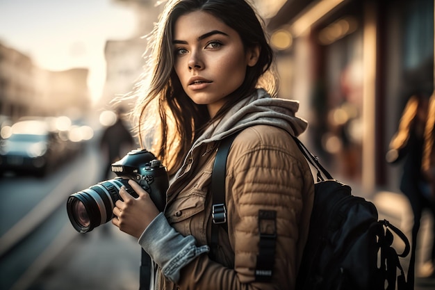 Porträt einer reisenden Frau, die auf der Straße fotografiert. Ai erzeugt