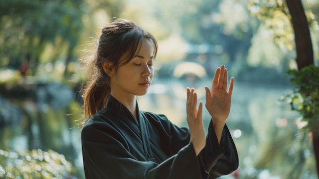 Porträt einer ruhigen Frau, die Tai Chi im friedlichen Stadtpark Oasis Urban Wellness Retreat übt