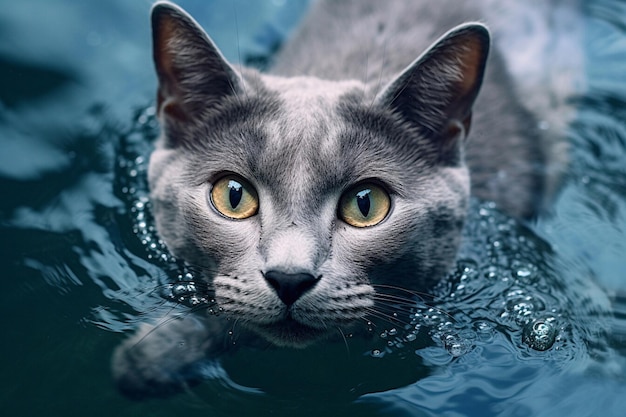 Porträt einer russischen blauen Katze im Wasser
